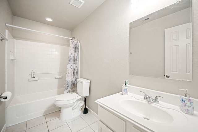 full bathroom with vanity, tile patterned floors, shower / bath combo with shower curtain, and toilet