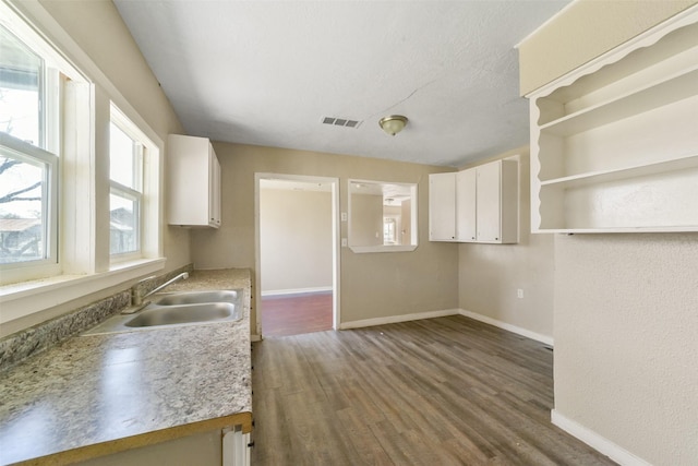 kitchen with sink, white cabinets, and dark hardwood / wood-style floors