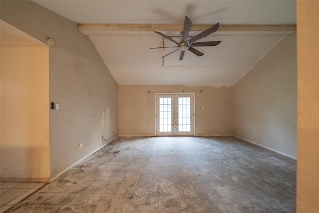 spare room with vaulted ceiling with beams, ceiling fan, and french doors