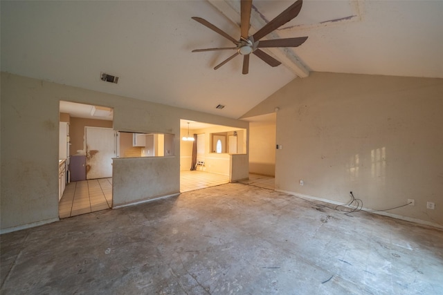 unfurnished living room featuring beam ceiling, high vaulted ceiling, and ceiling fan