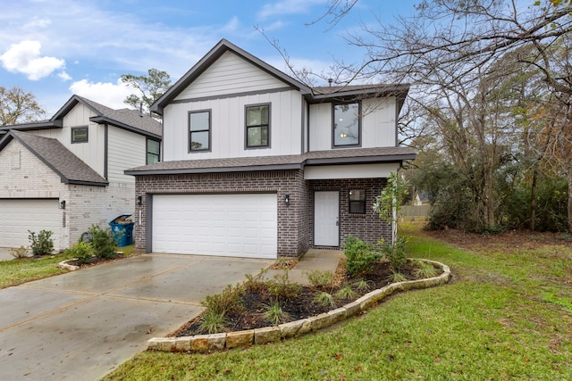 view of front of property with a garage and a front lawn