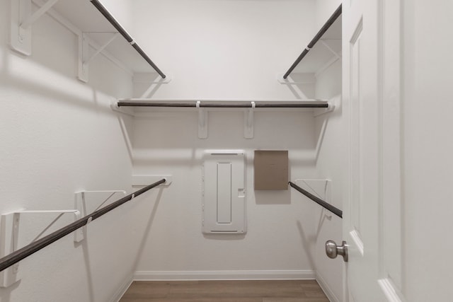 walk in closet with wood-type flooring