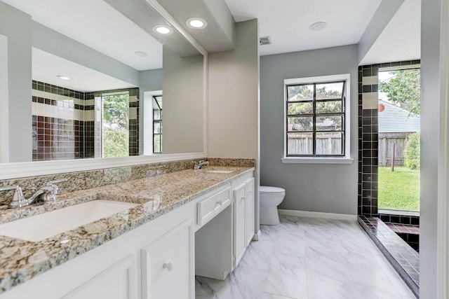 bathroom with vanity, toilet, and a healthy amount of sunlight