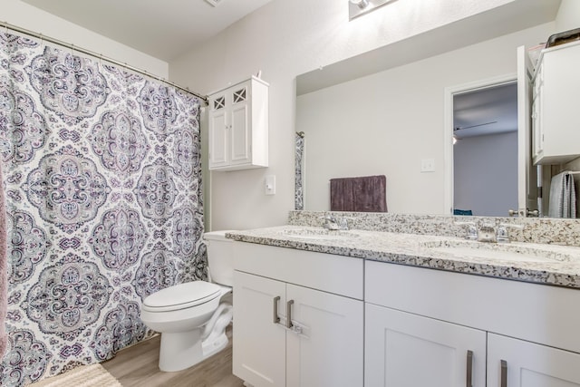 bathroom with hardwood / wood-style flooring, vanity, and toilet