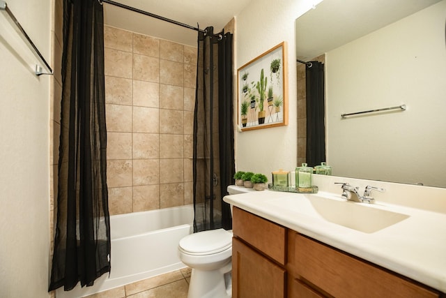 full bathroom with shower / tub combo with curtain, tile patterned floors, toilet, and vanity