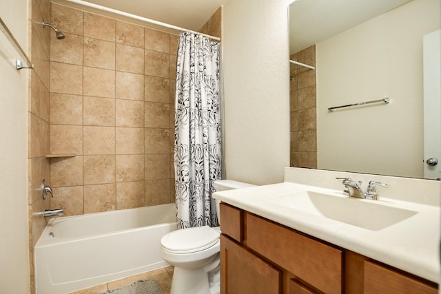 full bathroom featuring vanity, shower / bath combination with curtain, and toilet