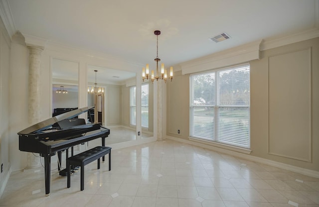 misc room featuring decorative columns, ornamental molding, light tile patterned flooring, and an inviting chandelier