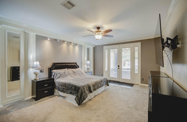 carpeted bedroom featuring ornamental molding, access to outside, ceiling fan, and french doors