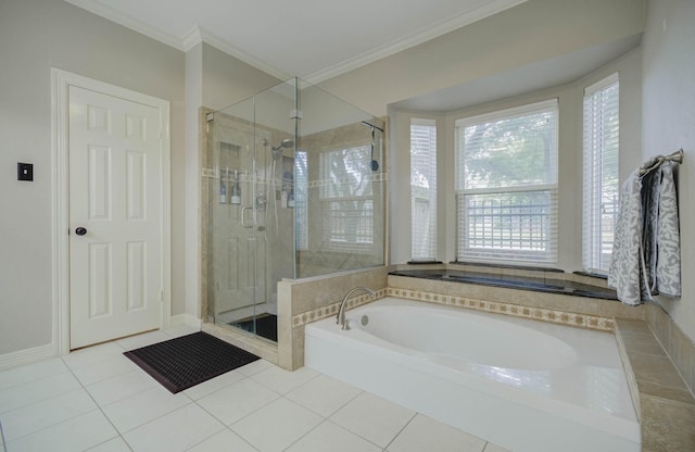 bathroom featuring tile patterned flooring, crown molding, and shower with separate bathtub