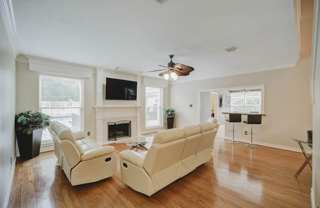 living room with wood-type flooring, a premium fireplace, and plenty of natural light