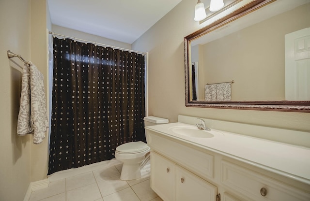 bathroom featuring tile patterned floors, toilet, curtained shower, and vanity