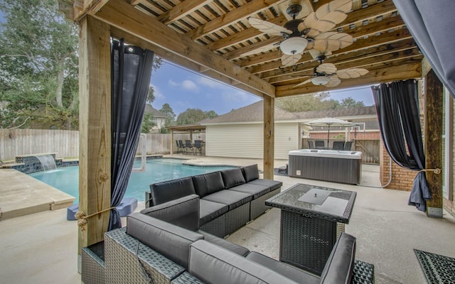 view of patio with pool water feature, ceiling fan, a swimming pool with hot tub, and an outdoor hangout area