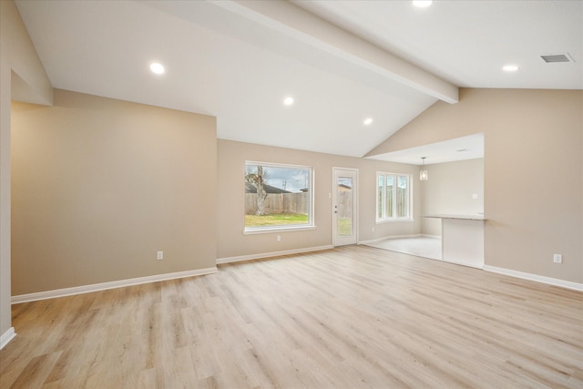 unfurnished living room with lofted ceiling with beams and light hardwood / wood-style floors