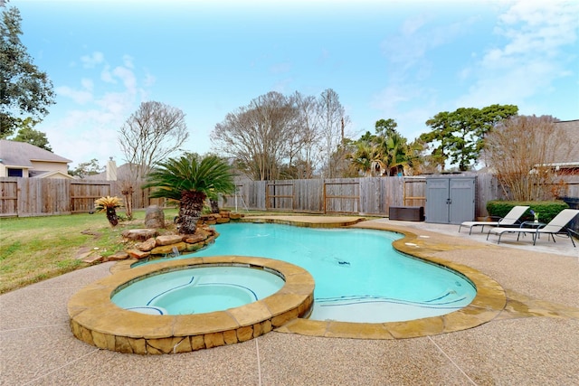 view of swimming pool featuring a patio and an in ground hot tub