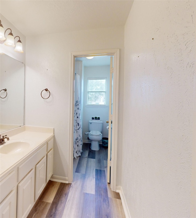 bathroom with vanity, hardwood / wood-style floors, toilet, and a shower with shower curtain