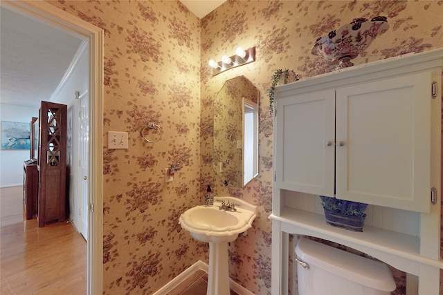 bathroom with toilet and hardwood / wood-style floors