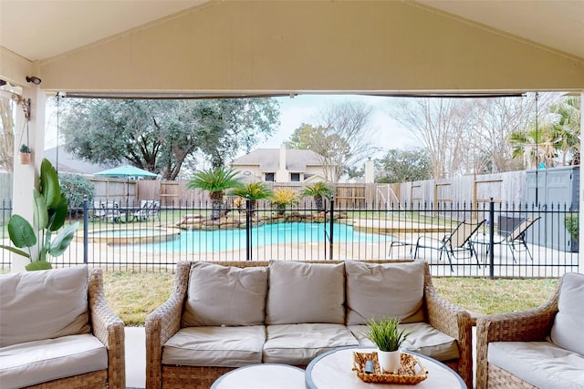 view of patio featuring outdoor lounge area and a fenced in pool