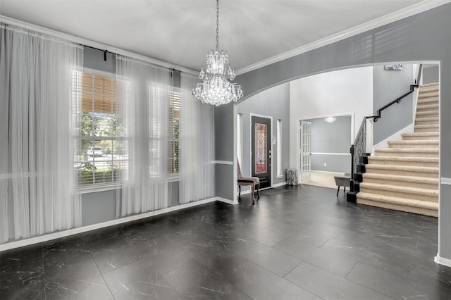 unfurnished dining area with a notable chandelier and ornamental molding