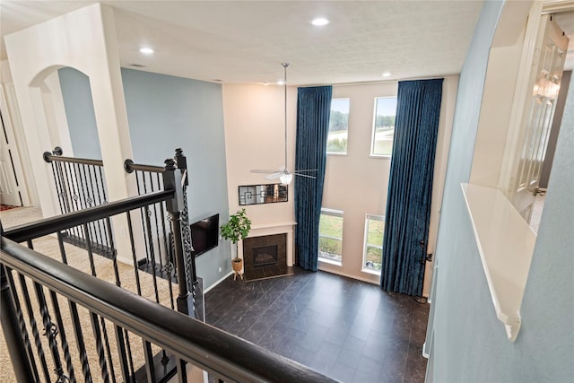 foyer entrance with a healthy amount of sunlight, dark wood-type flooring, and ceiling fan