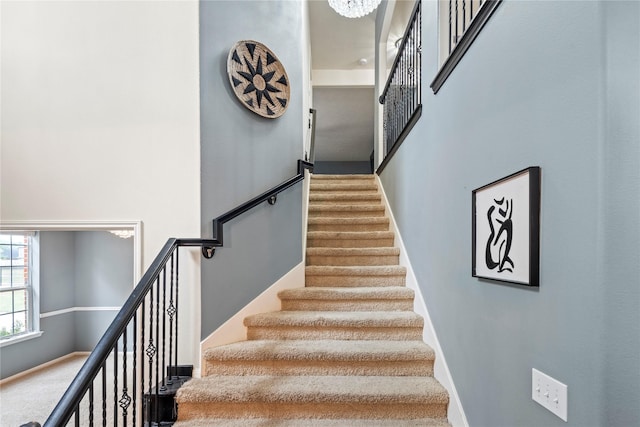 stairway with a high ceiling