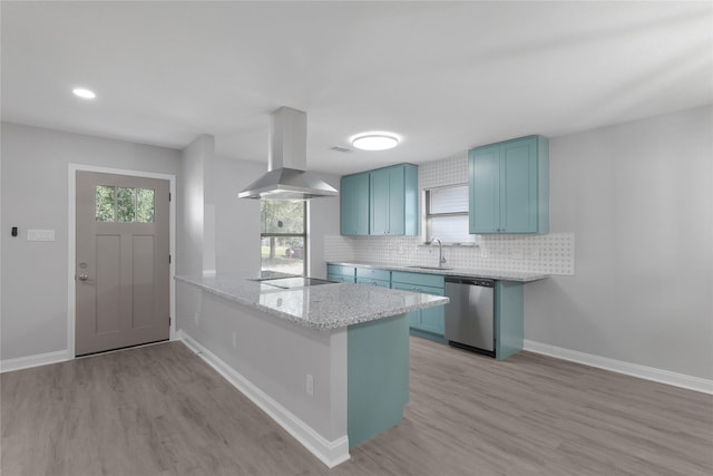 kitchen with stovetop, tasteful backsplash, island range hood, stainless steel dishwasher, and kitchen peninsula