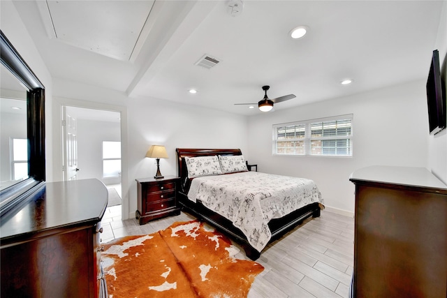 5307 Alba Rd, Houston, TX 77091 - bedroom featuring attic access, baseboards, recessed lighting, a ceiling fan, and light wood-type flooring