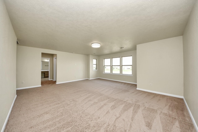 spare room featuring light colored carpet and a textured ceiling