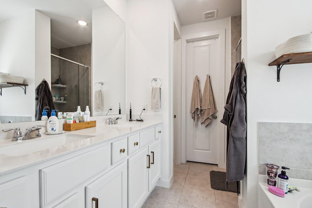 bathroom with tile patterned flooring, vanity, and a shower with shower door