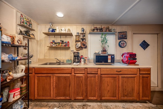 kitchen featuring wooden walls and sink