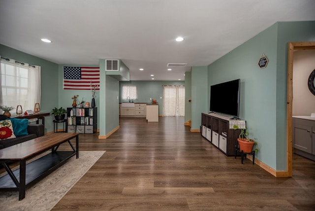 living room featuring dark hardwood / wood-style flooring and sink