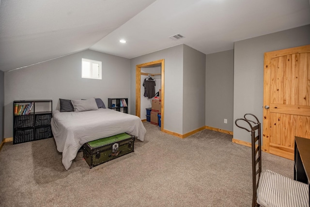 carpeted bedroom featuring vaulted ceiling