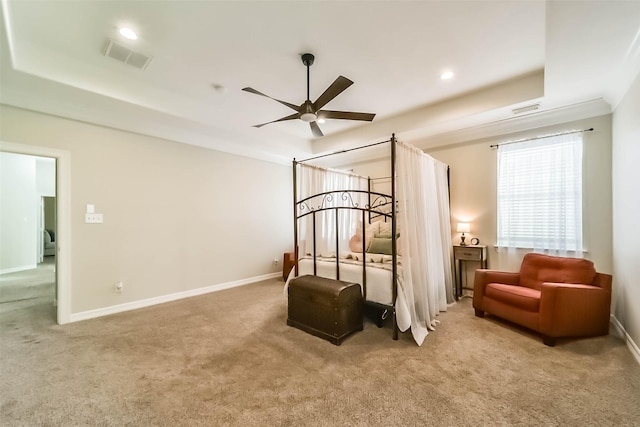 bedroom featuring light carpet and a tray ceiling