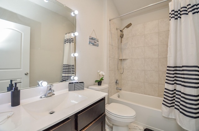 full bathroom with toilet, vanity, and shower / bathtub combination with curtain