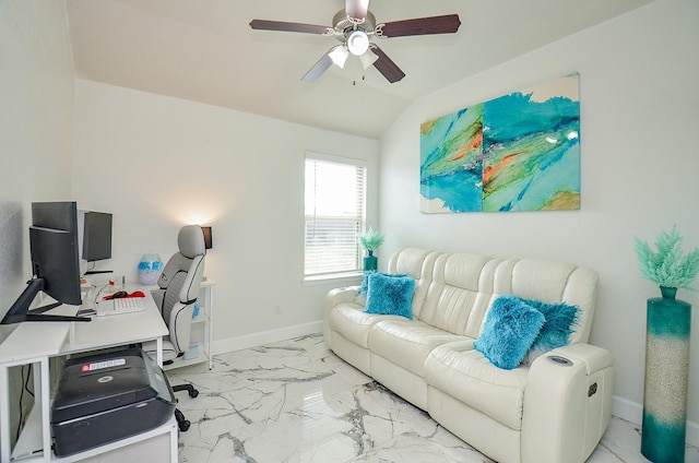 home office with lofted ceiling and ceiling fan