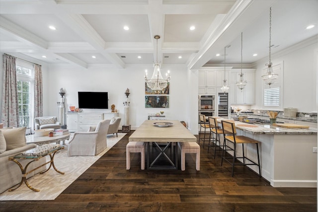 dining space featuring dark wood-type flooring, coffered ceiling, a chandelier, ornamental molding, and beam ceiling