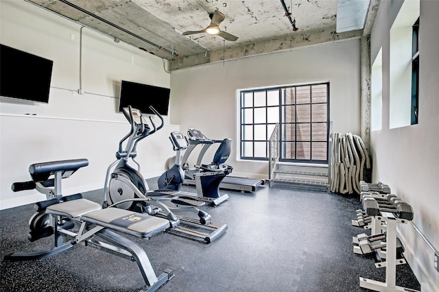 workout area featuring ceiling fan