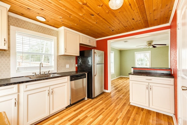 kitchen featuring sink, wood ceiling, ornamental molding, stainless steel appliances, and white cabinets