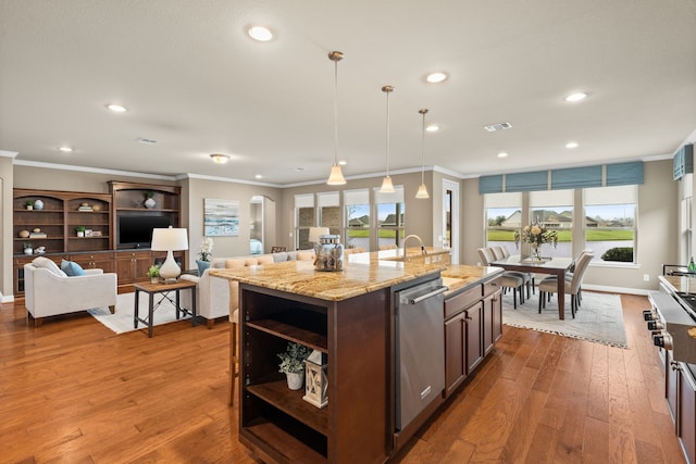 kitchen featuring crown molding, open shelves, visible vents, and dishwasher