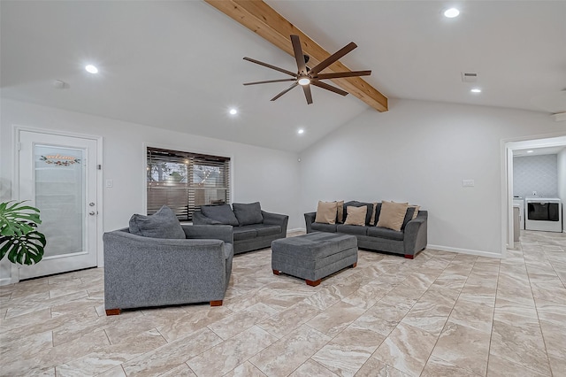 living room featuring vaulted ceiling with beams, washing machine and clothes dryer, and ceiling fan