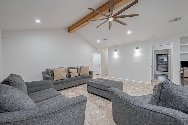 living room featuring lofted ceiling with beams and ceiling fan