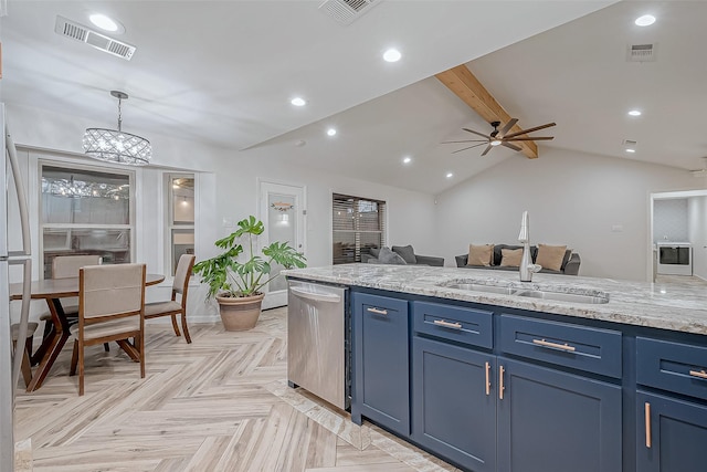 kitchen with blue cabinetry, sink, dishwasher, light parquet flooring, and light stone countertops