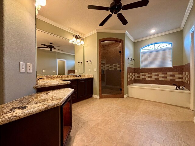 bathroom with a stall shower, ceiling fan, crown molding, vanity, and a bath