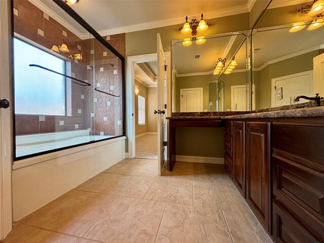 bathroom featuring marble finish floor, ornamental molding, combined bath / shower with glass door, vanity, and baseboards