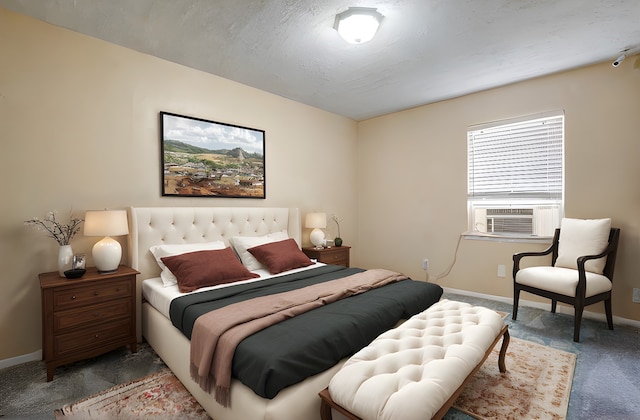 bedroom featuring cooling unit and dark carpet