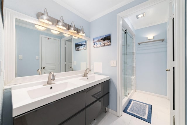 bathroom featuring an enclosed shower, vanity, and crown molding