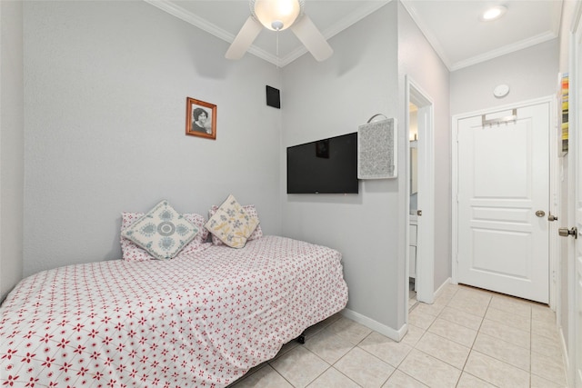 tiled bedroom with crown molding and ceiling fan