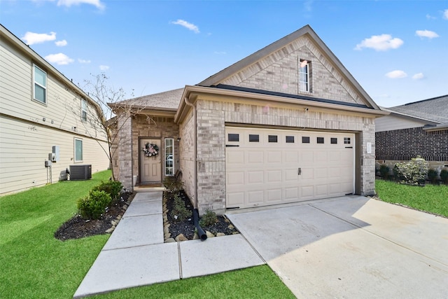 view of front of home with central AC unit and a front lawn