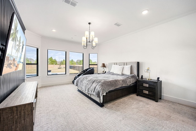 bedroom featuring crown molding, baseboards, visible vents, and light colored carpet