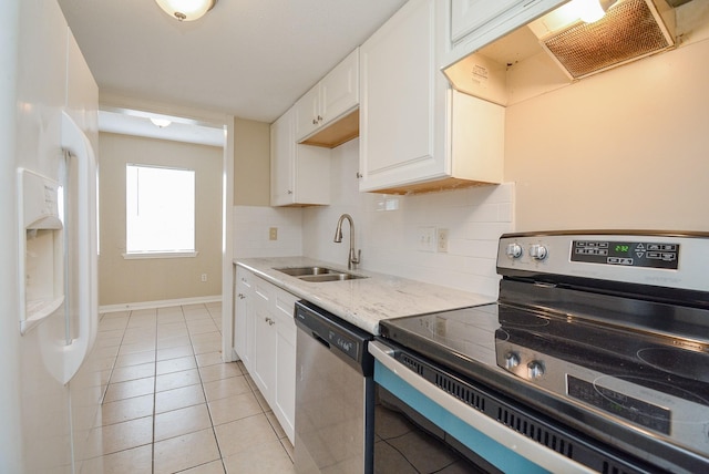 kitchen with sink, stainless steel appliances, tasteful backsplash, white cabinets, and exhaust hood