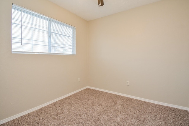 unfurnished room with ceiling fan and carpet flooring